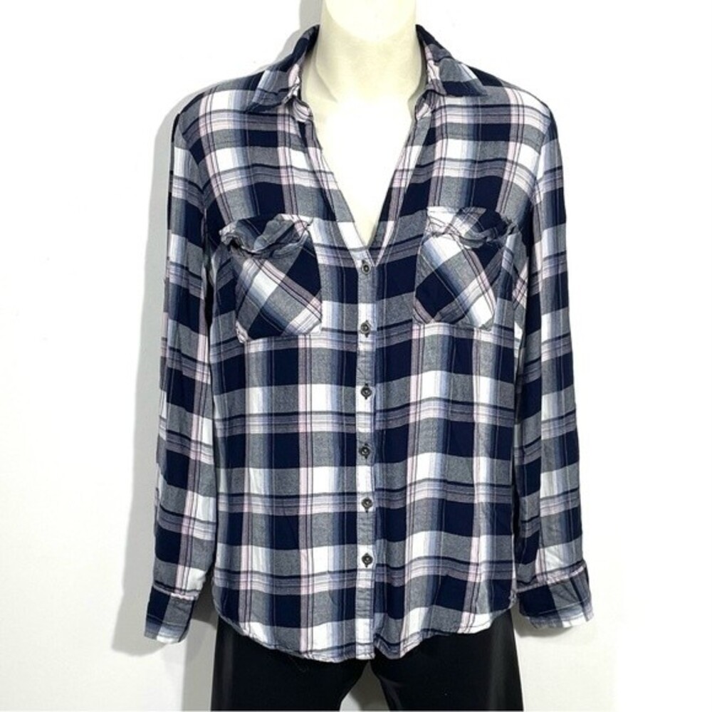 NYC Blue Plaid Split VNeck Roll Tab Button Up Blouse